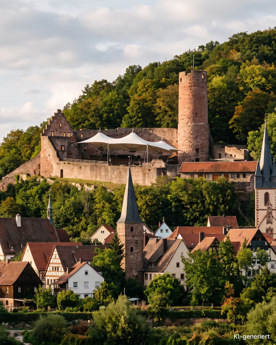 Die Scherenburg über den Dächern von Gemünden, KI-generiertes Bild