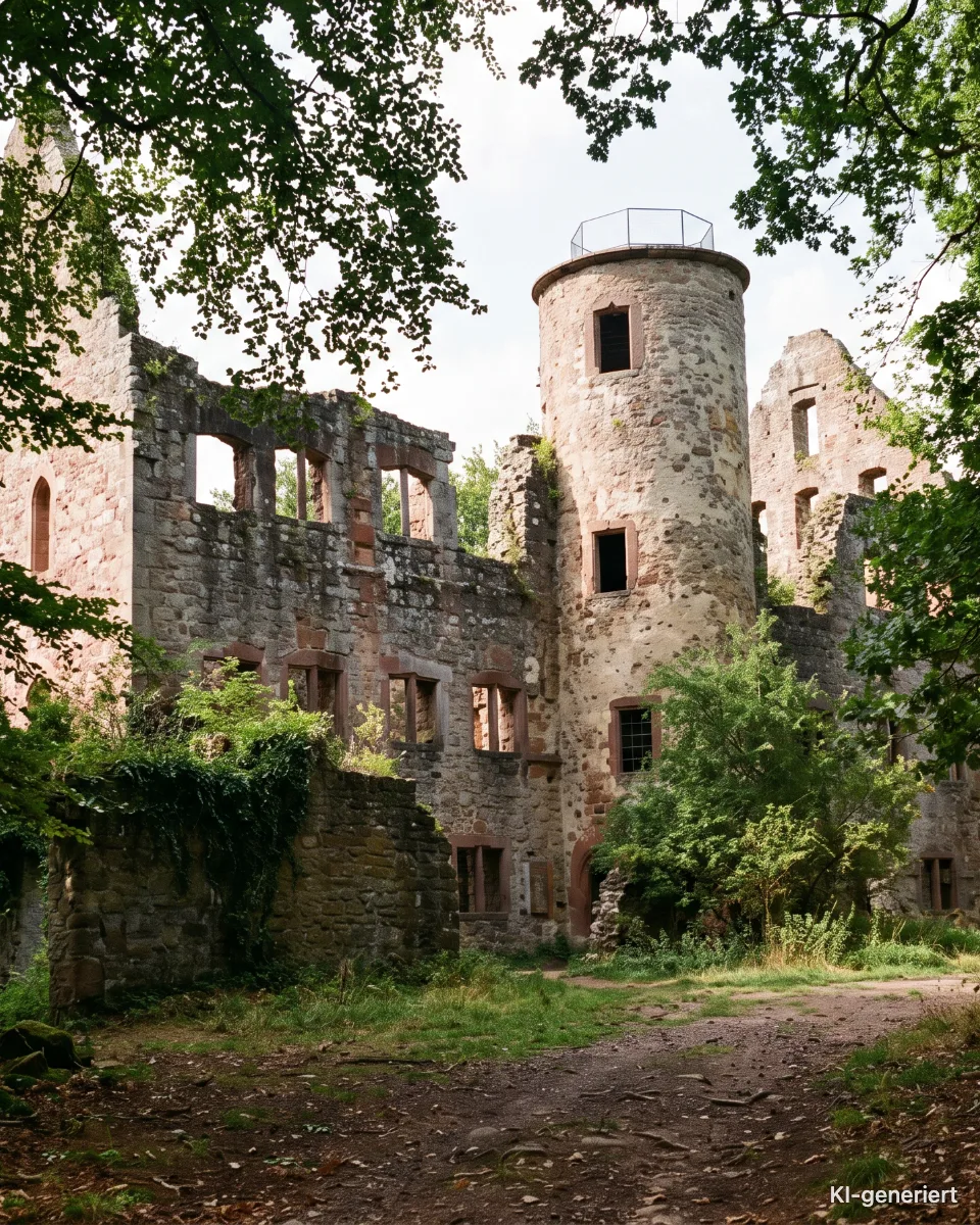 Ruine Schönrain im Wald über dem Main, KI-generiertes Bild